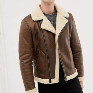 Only & Sons Brown Faux-Shearling Aviator Jacket